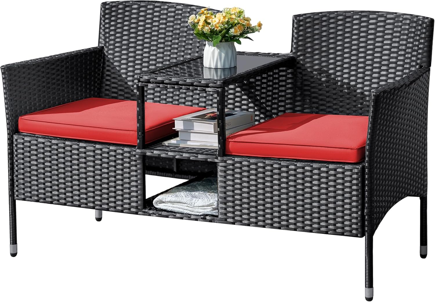 Flamaker Outdoor Furniture Patio Loveseat Wicker 2-Seat with Built-in Table and Cushions Rattan Porch Chairs Bench for
