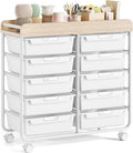 Rolling Storage Cart with 10 Large Drawers & Wooden Top, Utility Organizer Cart on Wheels for Crafts, Art Supplies, Home