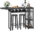 Bar Table and Chair Set, Industrial Expandable Dining Table with 2 Bar Stools, Kitchen Counter with Wine Rack & 3 Tier
