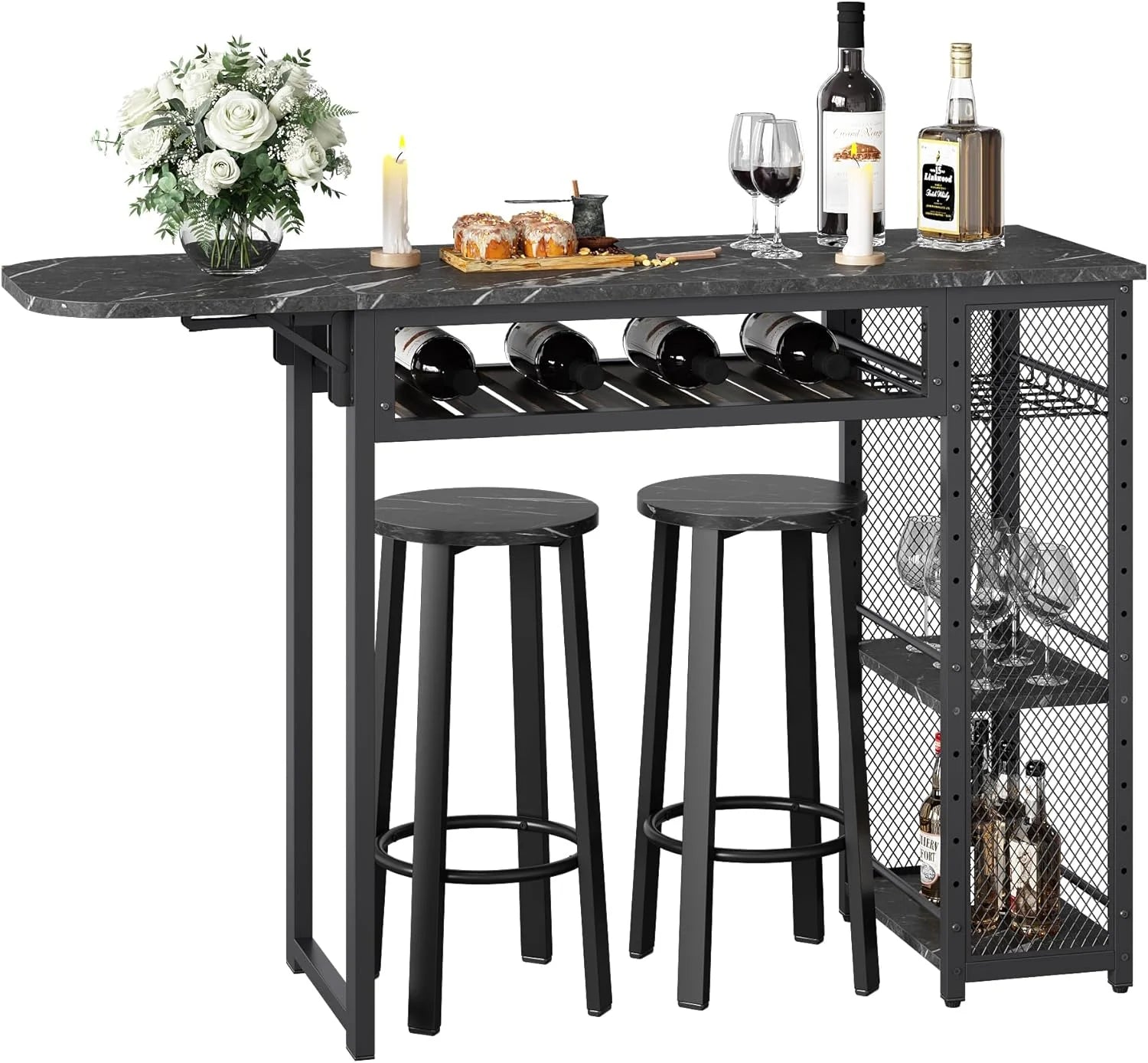 Bar Table and Chair Set, Industrial Expandable Dining Table with 2 Bar Stools, Kitchen Counter with Wine Rack & 3 Tier