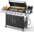 Upgraded 4 Burner BBQ Propane Gas Grill with Cast Iron Grates & Side Stove, 44,000 BTU Stainless Steel Burner Barbecue Grill