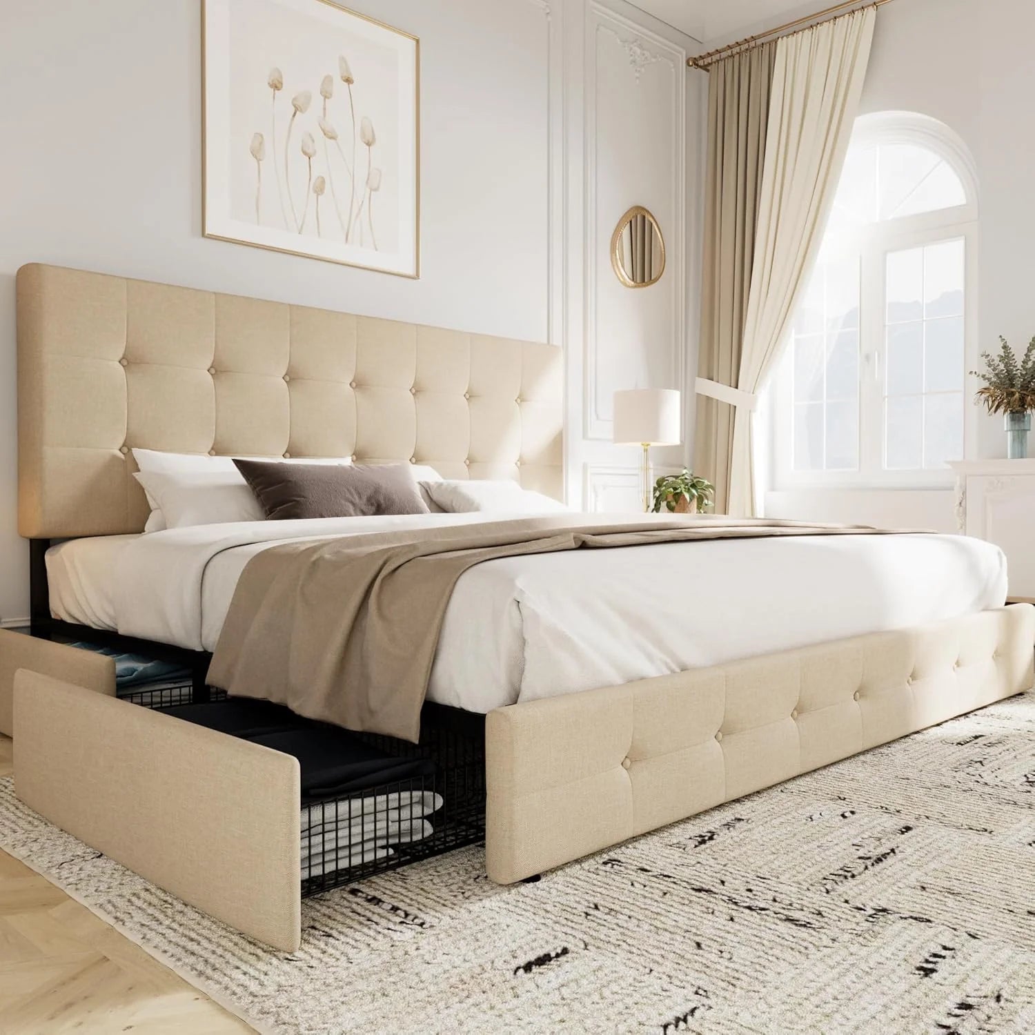 Allewie Upholstered Queen Size Platform Bed Frame with 4 Storage Drawers and Headboard, Square Stitched Button Tufted