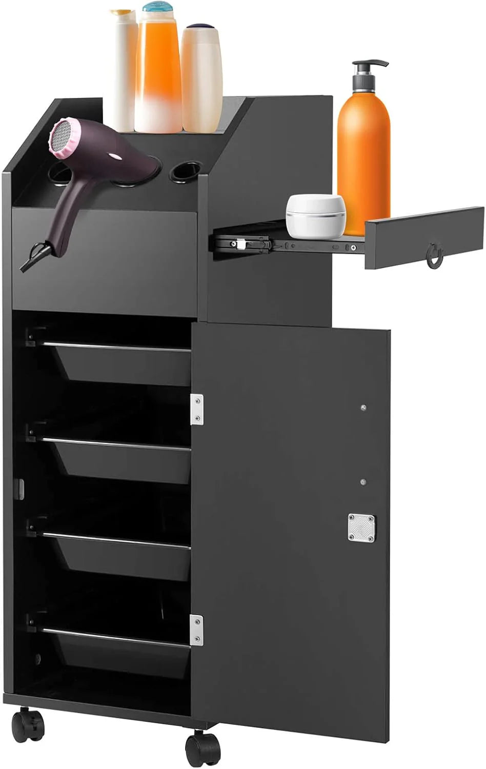 Hair Salon Trolley Cart Salon Storage Cart Rolling Salon Cart with Wheels Lockable Drawers Hair Dryer Holders Side Tray for