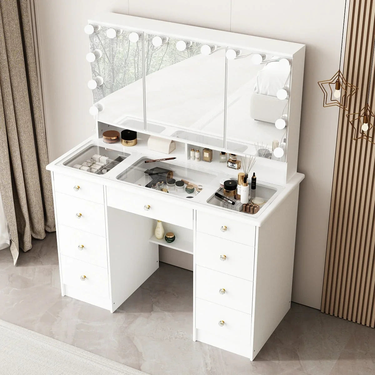 Makeup Vanity with Tri-Fold Mirror, Certified Lighting & Glass Top Dresser