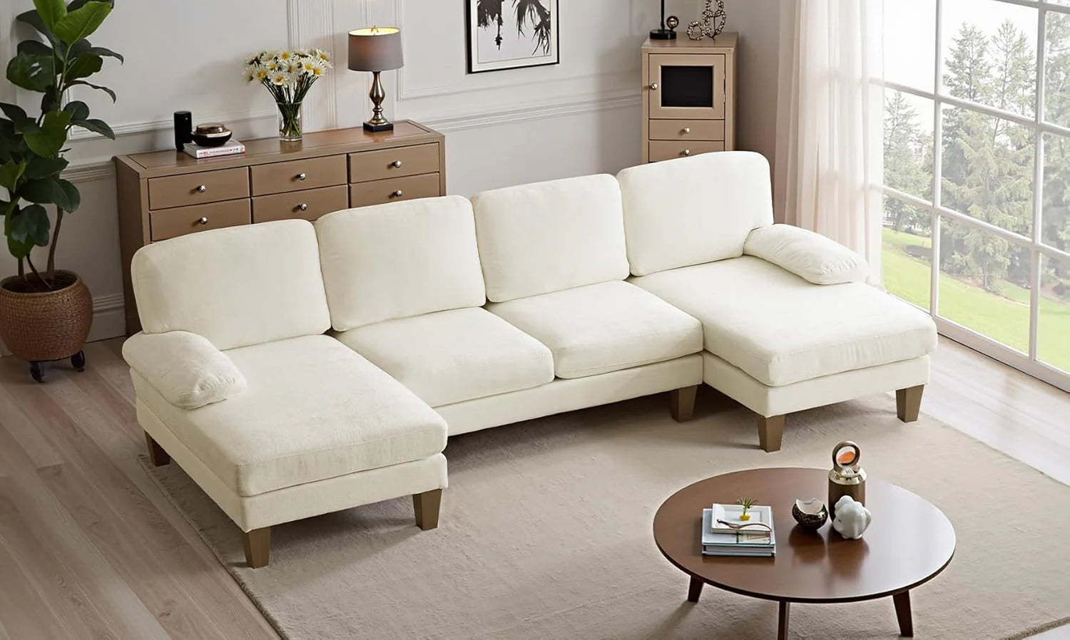 VINGLI 110" Sectional Couches for Living Room,U Shaped Couch with Double Chaise, 4-Seat Sofa Set with Chenille Fabric for