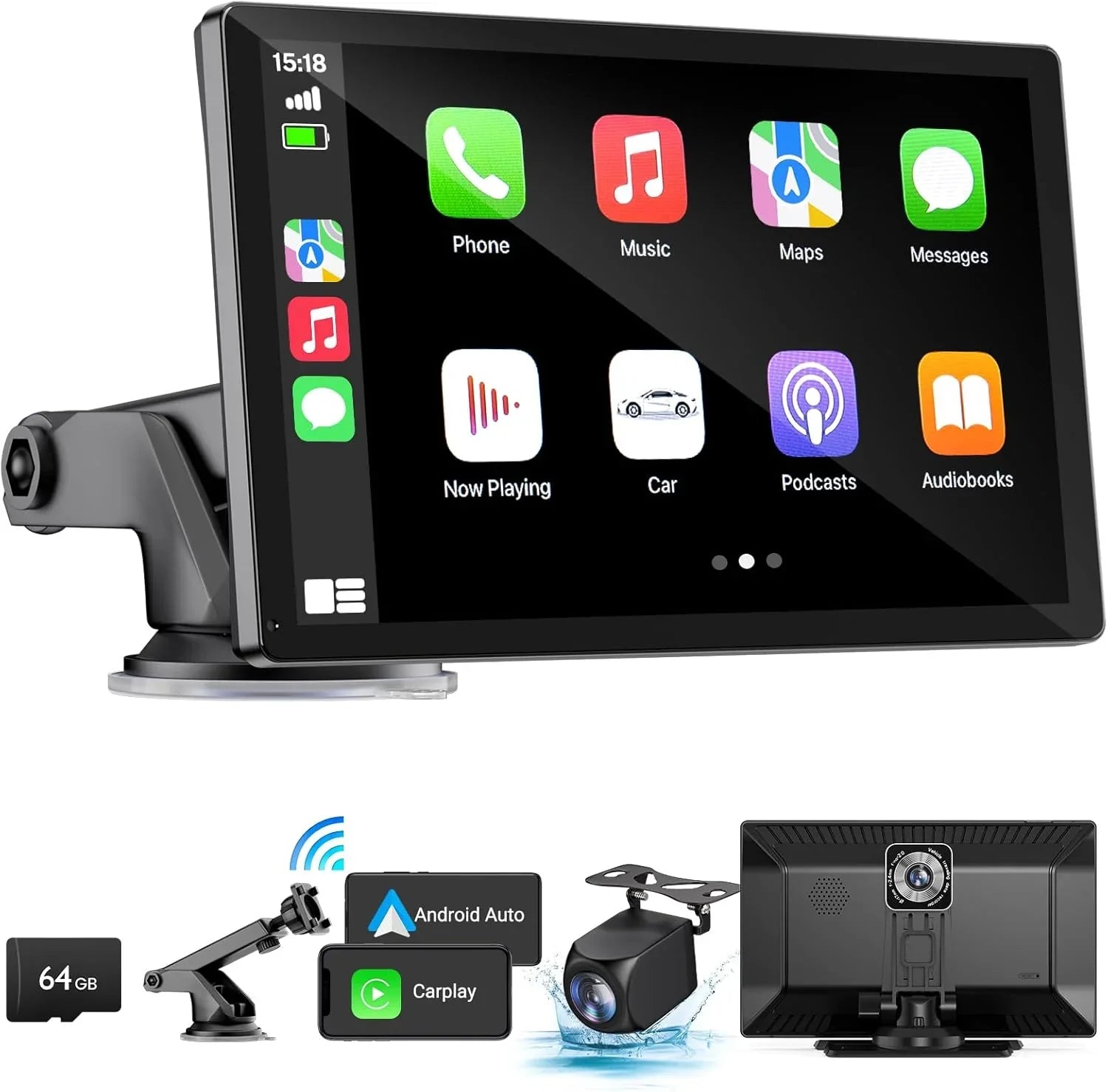 Wireless Apple Carplay Screen for Car 4K Dash Cam, 9" Portable Apple Carplay & Android Auto Car Stereo, with 1080p Backup