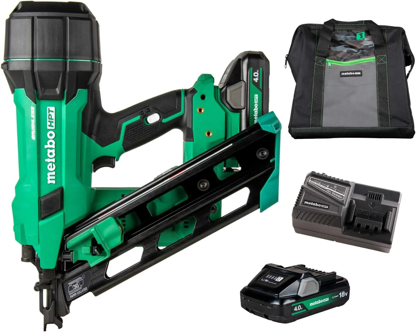 18V Multi-Voltage Cordless 30° Paper Tape Collated Nail Gun Kit, 3-1/2" Nail Gun, 2"3-1/2" Nails, Powerful Brushless Motor