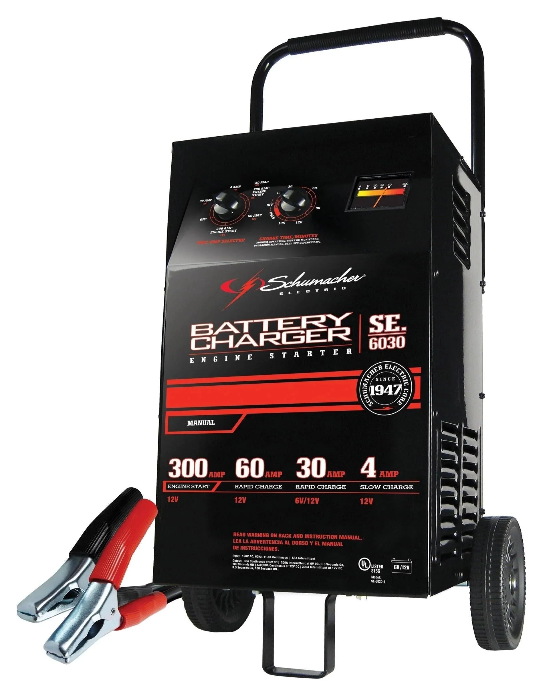 Schumacher Electric Wheeled Battery Charger and Engine Starter, SC1446, 2-in-1, manual timer control, 300 crank amps, 6