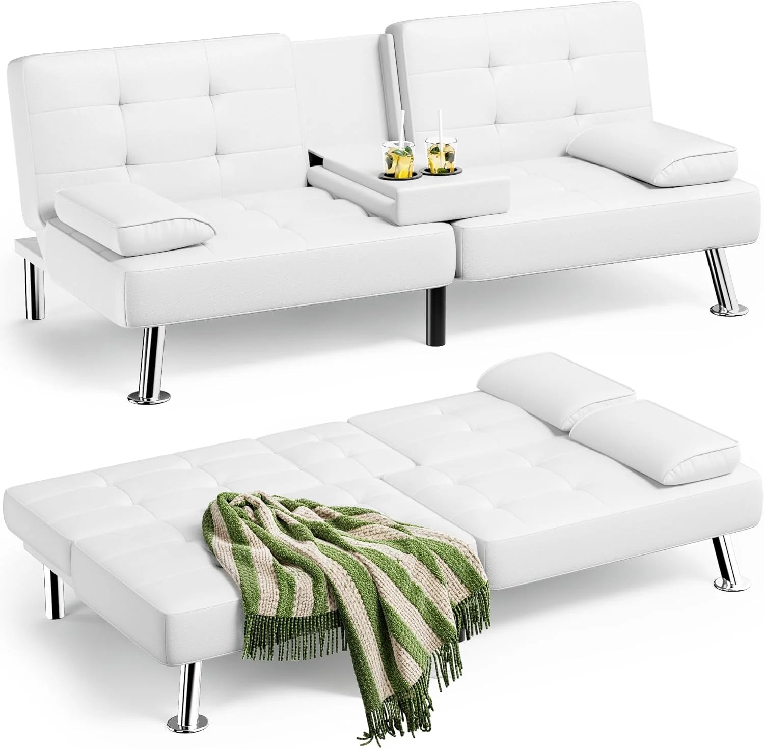 Homall Futon Sofa Bed, Leather Futon Couch with Removable Armrests, Adjustable Recliner Sleeper Sofa Bed with Dual Cup