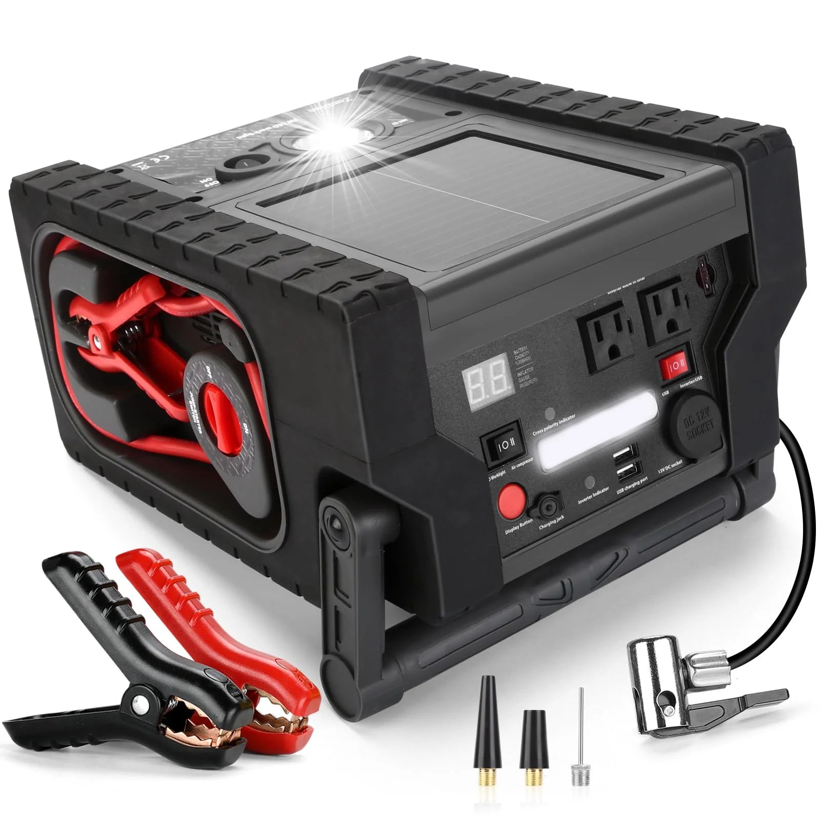 Solar Portable Power Station 2000 Amps Jump Starter, 260 PSI Air Compressor, 12V Car Battery Charger with 400W Inverter Dual