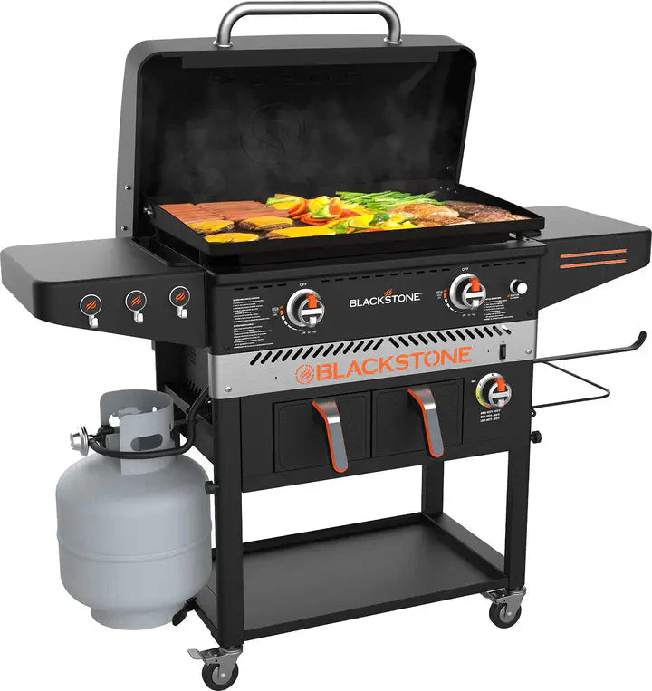 Blackstone 1962 Air Fryer Combo & Two Burners Stainless Steel Gas Hood, Wheels, Two Side Shelf - Heavy Duty Outdoor Griddle