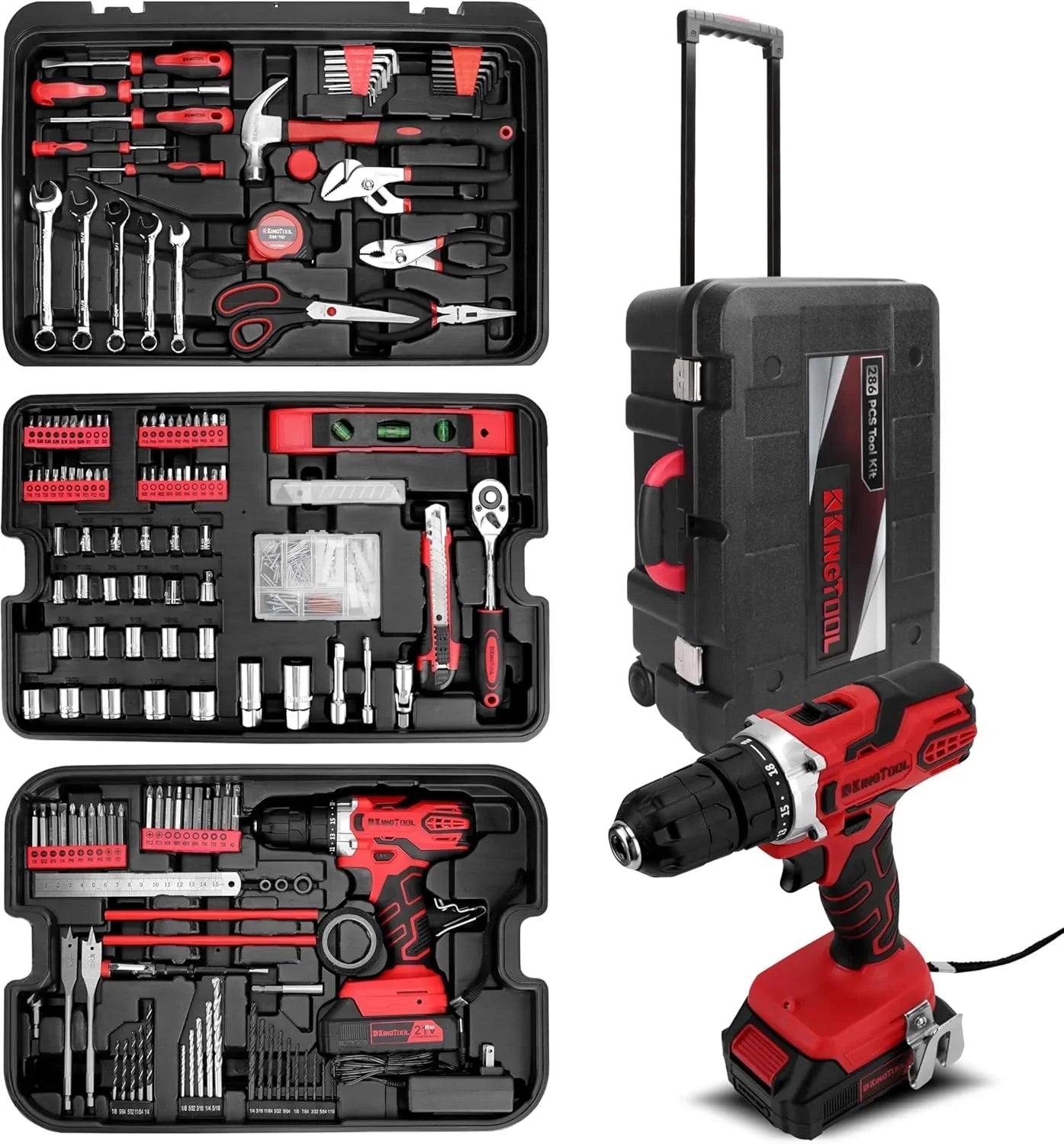 Home Tool Set Kit - 286 PCS Home Auto Repair Tool Kit with Rolling Tool Box, Mechanic Tool Sets with 21V Max Cordless Power