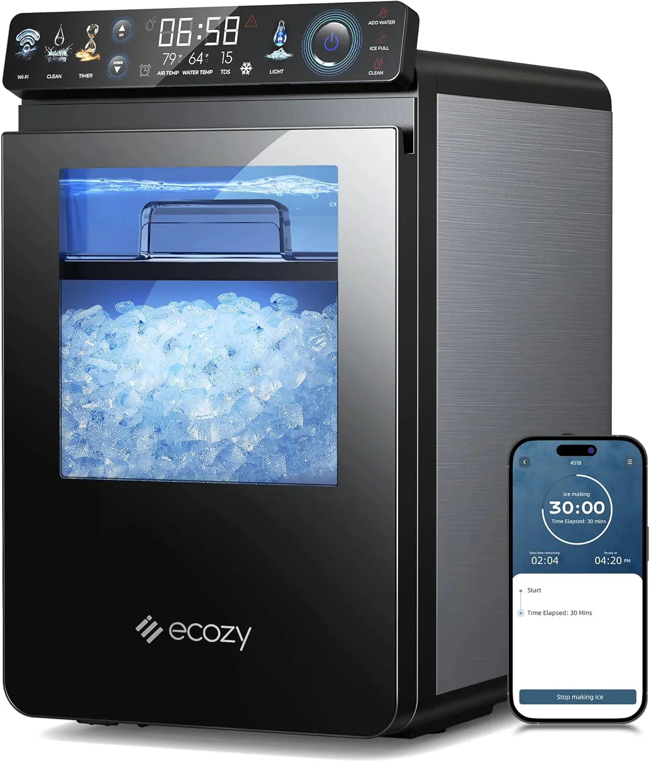 Nugget Ice Maker Countertop, Smart Pebble Ice Machine with APP Control, 44 lbs/24H Soft Pellet Chewable Ice with