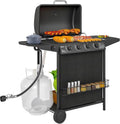 4 1 Burner Propane Gas BBQ Grill, Portable Gas Barbecue Grill with Side Burner, Thermometer, Lid, Side Table, Shelf, Spice