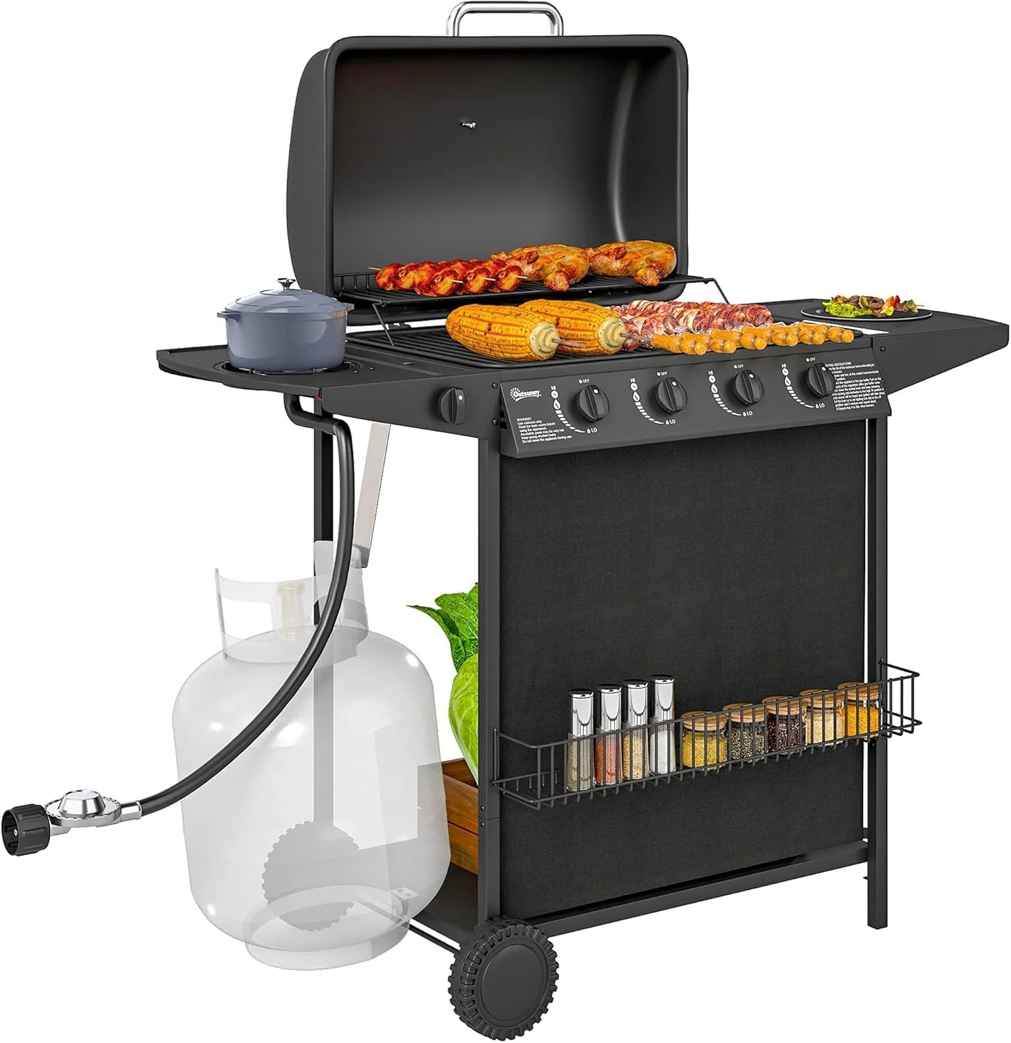 4 1 Burner Propane Gas BBQ Grill, Portable Gas Barbecue Grill with Side Burner, Thermometer, Lid, Side Table, Shelf, Spice