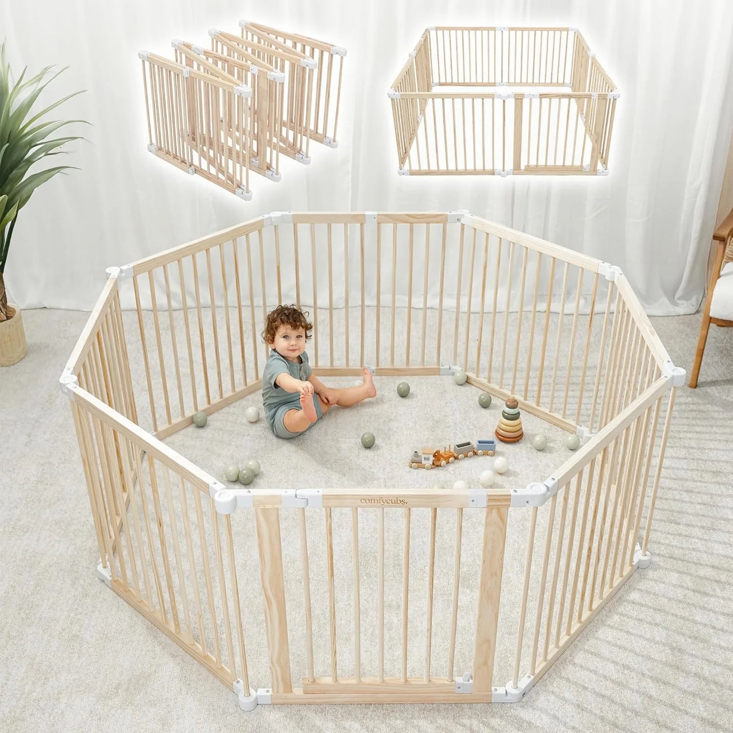 White Pine Baby Playpen 144x144 cm, Expandable to 579 cm, Safety Lock