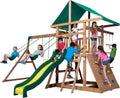 Cedar Wood Swing Set with Wave Slide, Play Deck, Double Rock Wall, Rope Ladder, Web Swing, Belt Swings, Toy Telescope
