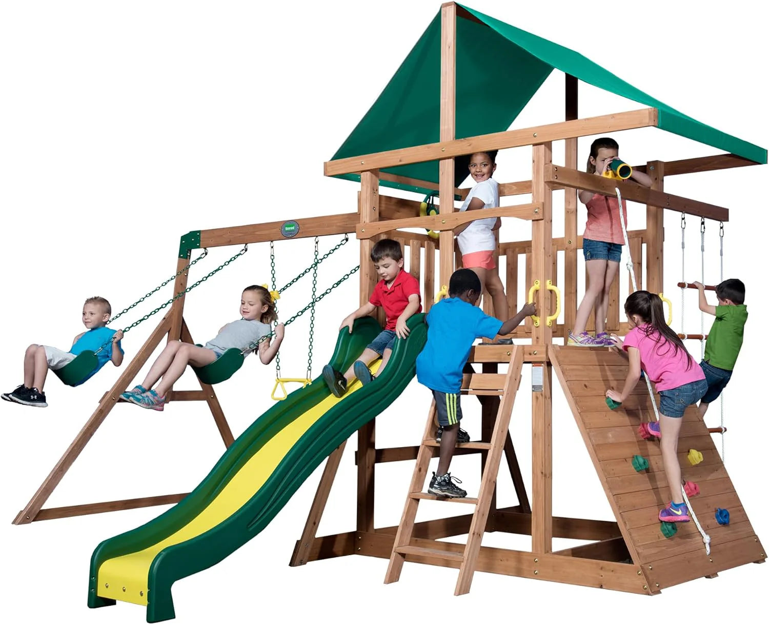 Cedar Wood Swing Set with Wave Slide, Play Deck, Double Rock Wall, Rope Ladder, Web Swing, Belt Swings, Toy Telescope