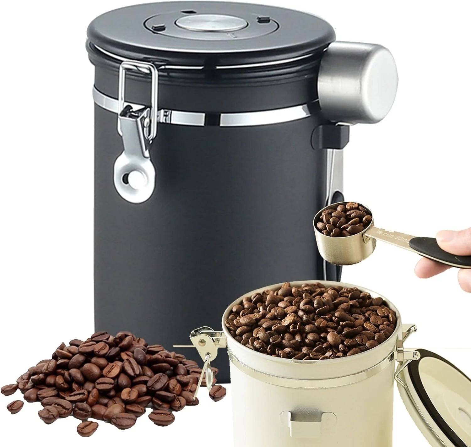 1.8L Stainless Steel Vacuum Coffee Canister with Valve & Spoon, Airtight Storage for Beans & Tea