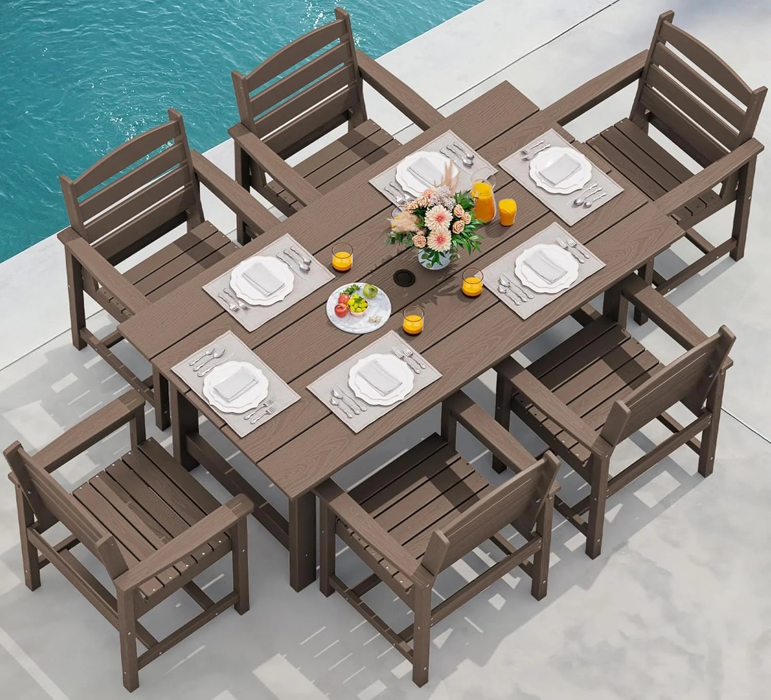 SERWALL 7-Piece Patio Table Set, Outdoor HDPE Dining Furniture with Umbrella Hole, All Weather Table and Chairs for Lawn
