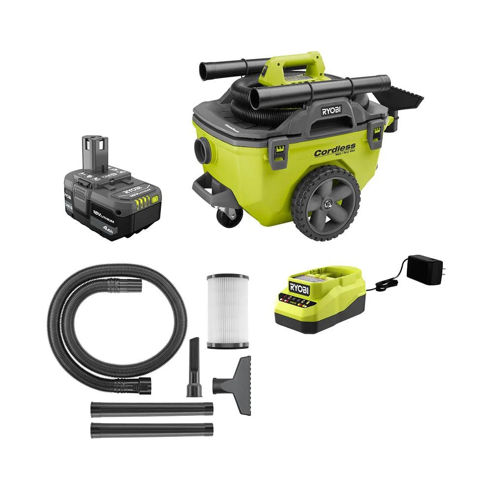 ONE 18V Cordless 6 Gal. Wet/Dry Vacuum Kit with 4.0 Ah Battery, Charger and Vacuum Accessories P770KN