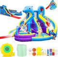 11-in-1 Inflatable Water Slide & Dolphin Bounce House w/2 Long Slides, 19.7 Ft x 13.1 Ft Extra Large Waterslide Climbing Wall