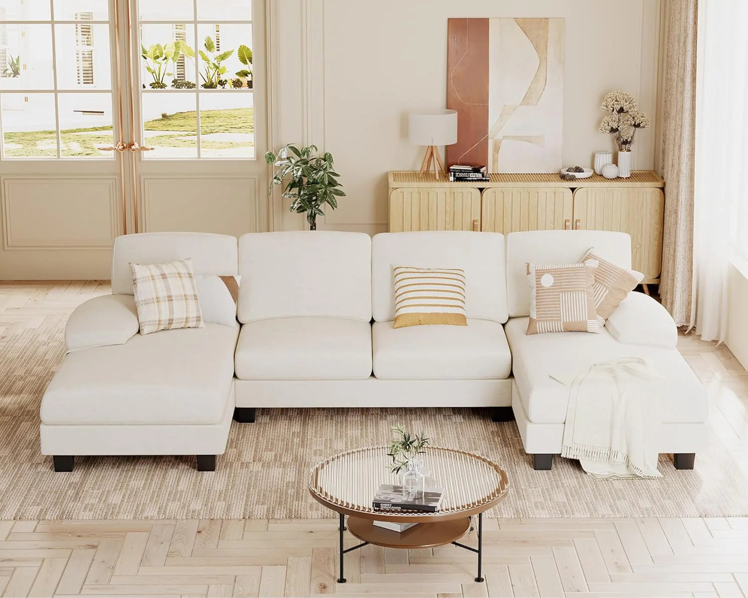 JUMMICO Sectional Couches for Living Room, U Shaped Couch with Chenille Fabric, 4 Seat Modern Sofa with Removable Pillows for