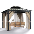 10'x10′ Hardtop Gazebo with double metal roof, aluminum frame, net, and curtain. All-weather, ideal for patio, deck, garden