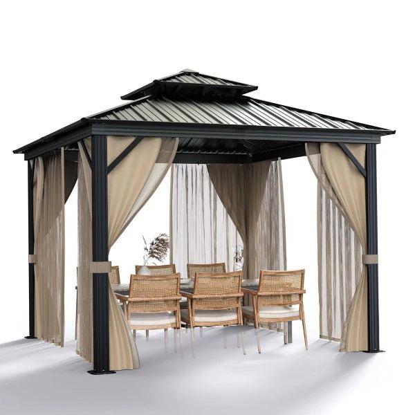 10'x10′ Hardtop Gazebo with double metal roof, aluminum frame, net, and curtain. All-weather, ideal for patio, deck, garden