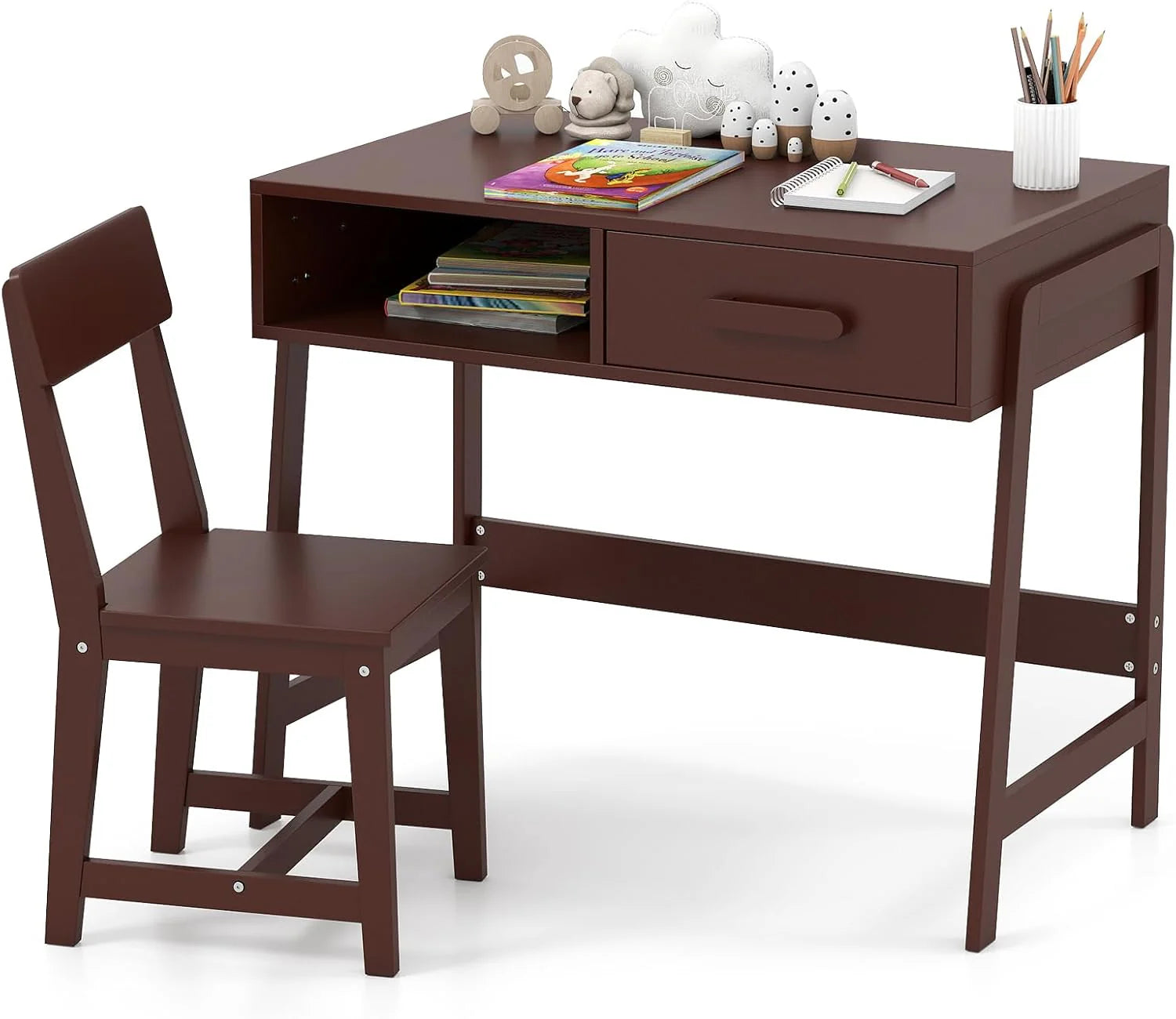 Kids Desk and Chair Set, Wooden Children School Study Table and Chair w/Storage Drawer & Hutch, Student Writing Desk Computer