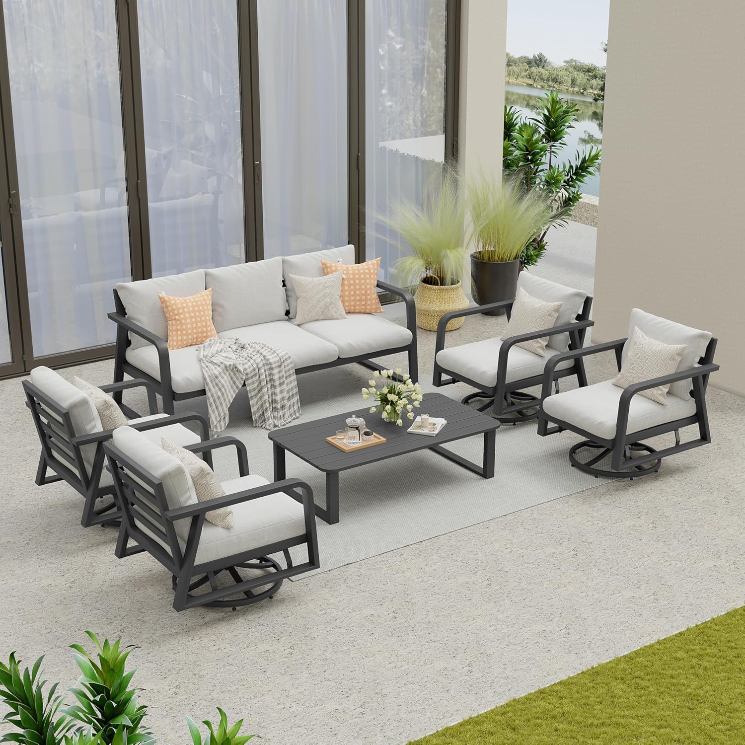 Outdoor Patio Furniture Set 4-Piece, Aluminum Swivel Rocking Chairs with All-Weather Cushions, Modern Patio Conversation Set