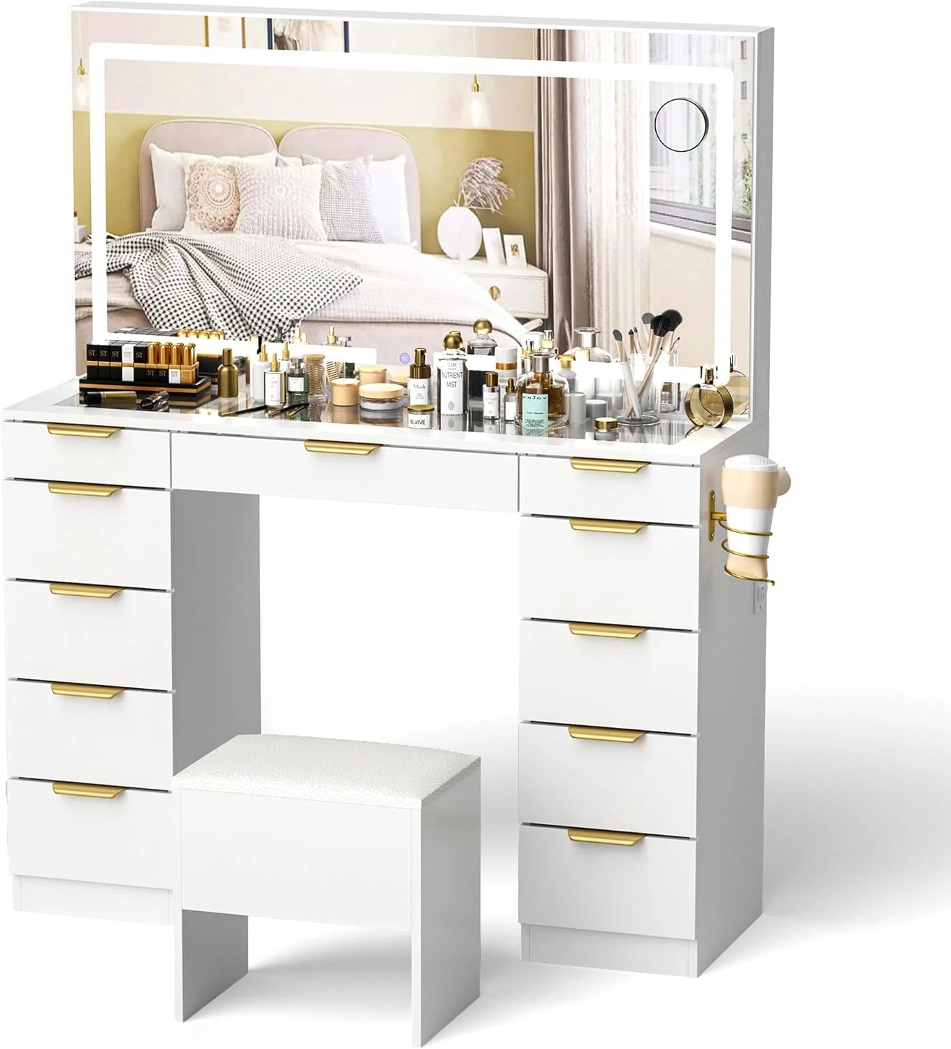 Glass Top Vanity Desk with Mirror and Lights, 11 Drawers Makeup Vanity with Golden Handles, 3 Lighting Modes Upgraded Silent