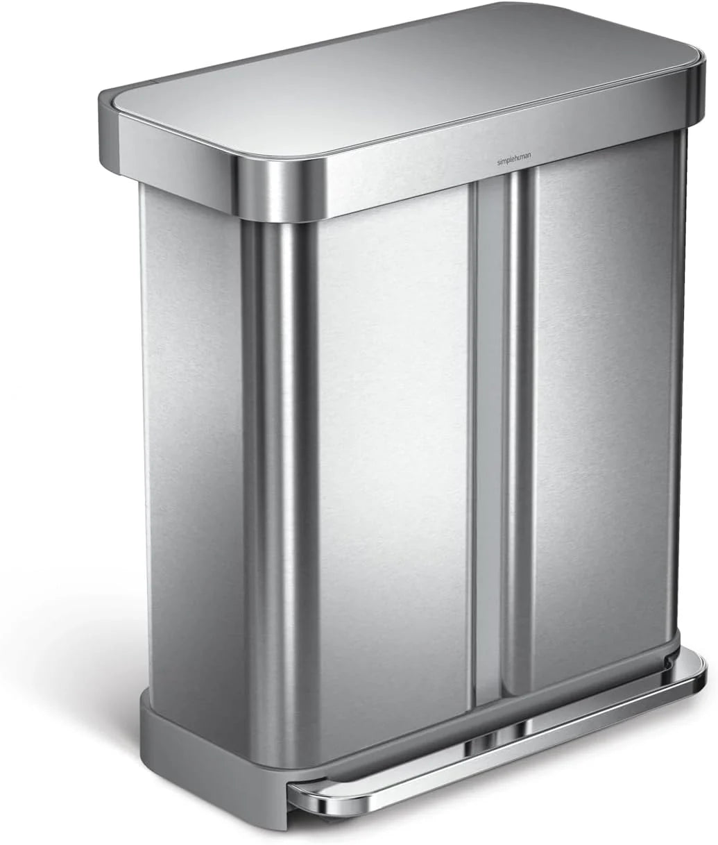 58L Brushed Stainless Steel Dual-Compartment Kitchen Recycling Bin with Soft-Close Lid