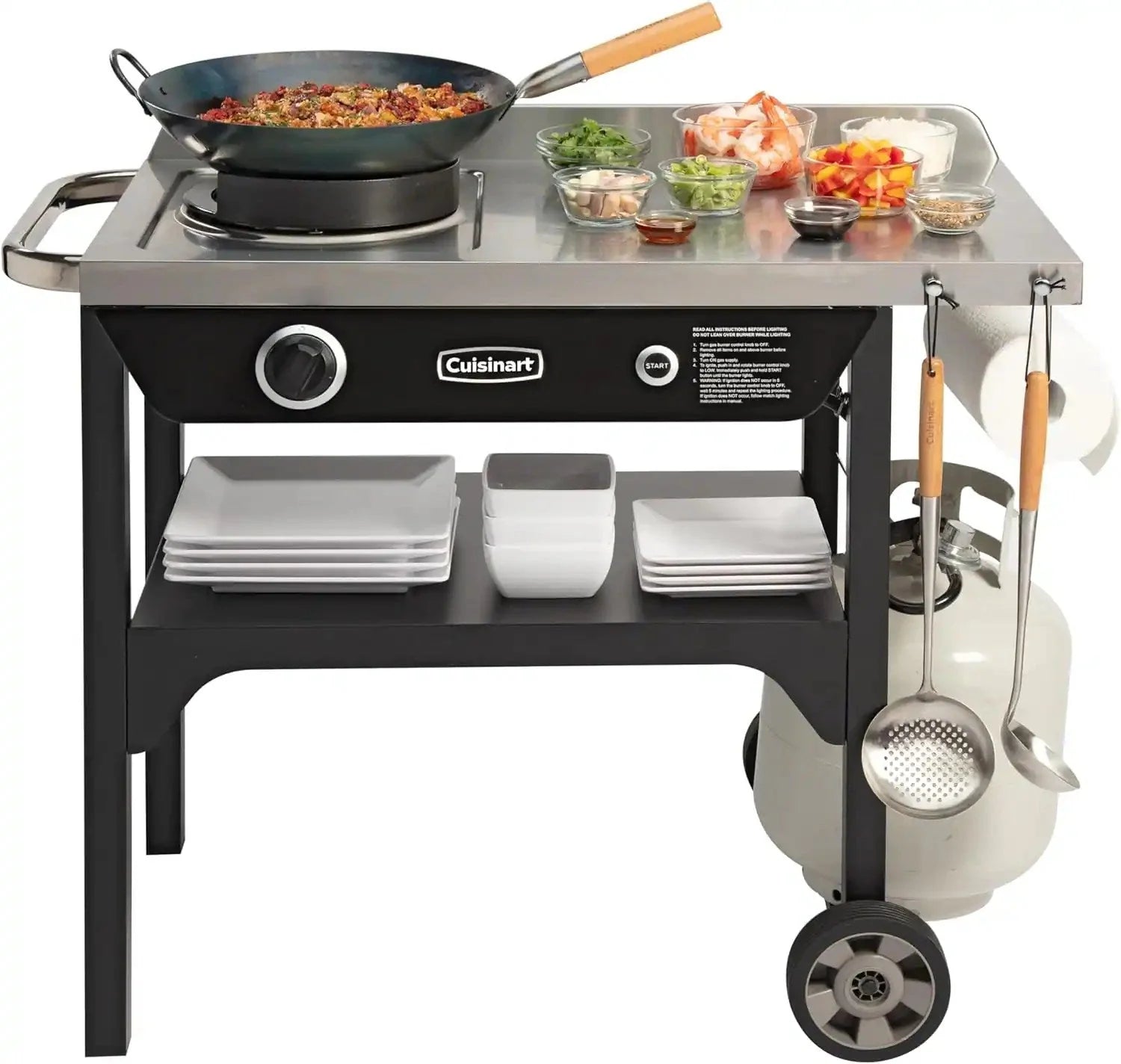 Cuisinart Outdoor Wok Station, 50,000 BTU Propane Outdoor Wok Burner w Prep Table, 14" Carbon Steel Wok for Stir Fry