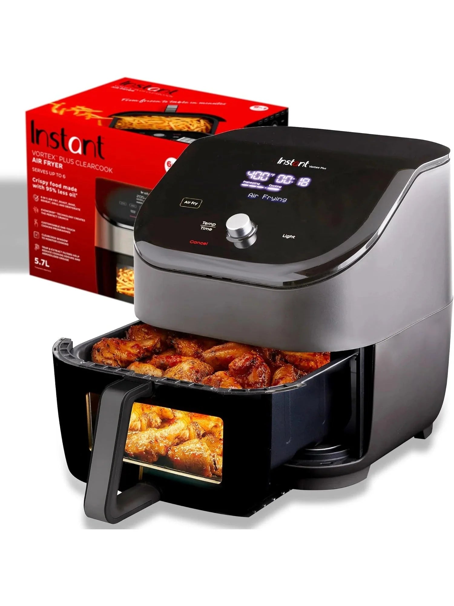 Instant Vortex Plus 6QT ClearCook Air Fryer, Clear Windows, Custom Program Options, 6-in-1 Functions, Crisps, Broils, Roasts