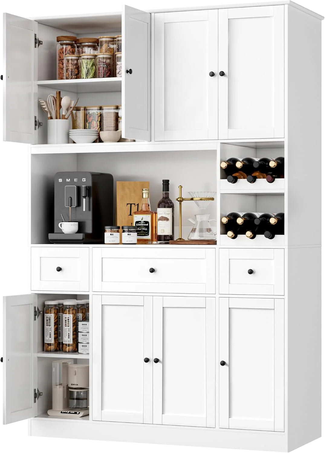 72" Tall Kitchen Pantry with Wine Rack, Pantry Cabinet with Microwave Stand, Large Hutch with Ample Storage, Hutch Cabinet