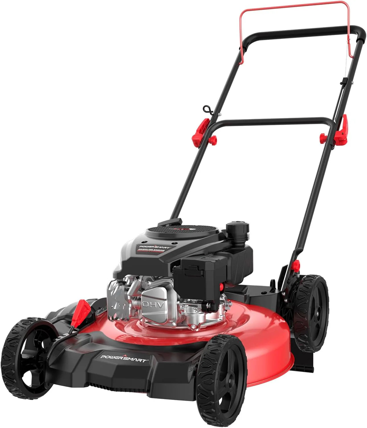 21-inch gas-powered lawn mower, equipped with a 144cc four-stroke all-terrain engine, featuring both crushing and