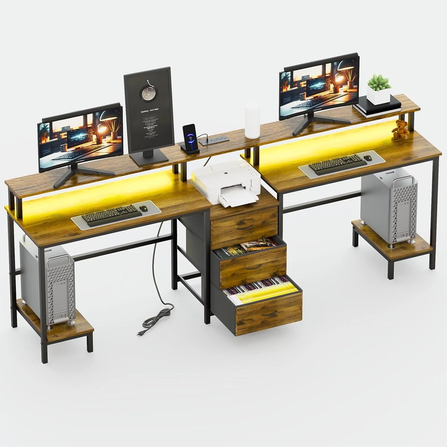 2 Person Desk with LED Lights & Charging Station - Long Desk for 2 with Storage Drawers, Monitor Riser, USB Ports & Outlets