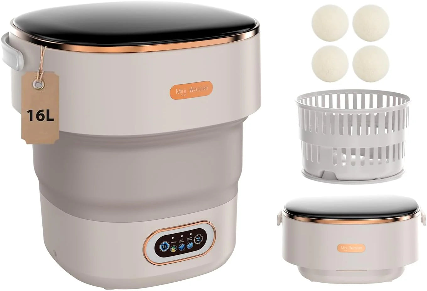 16L Portable Foldable Washing Machine with Spin Basket, 3 Cleaning Modes (Khaki)
