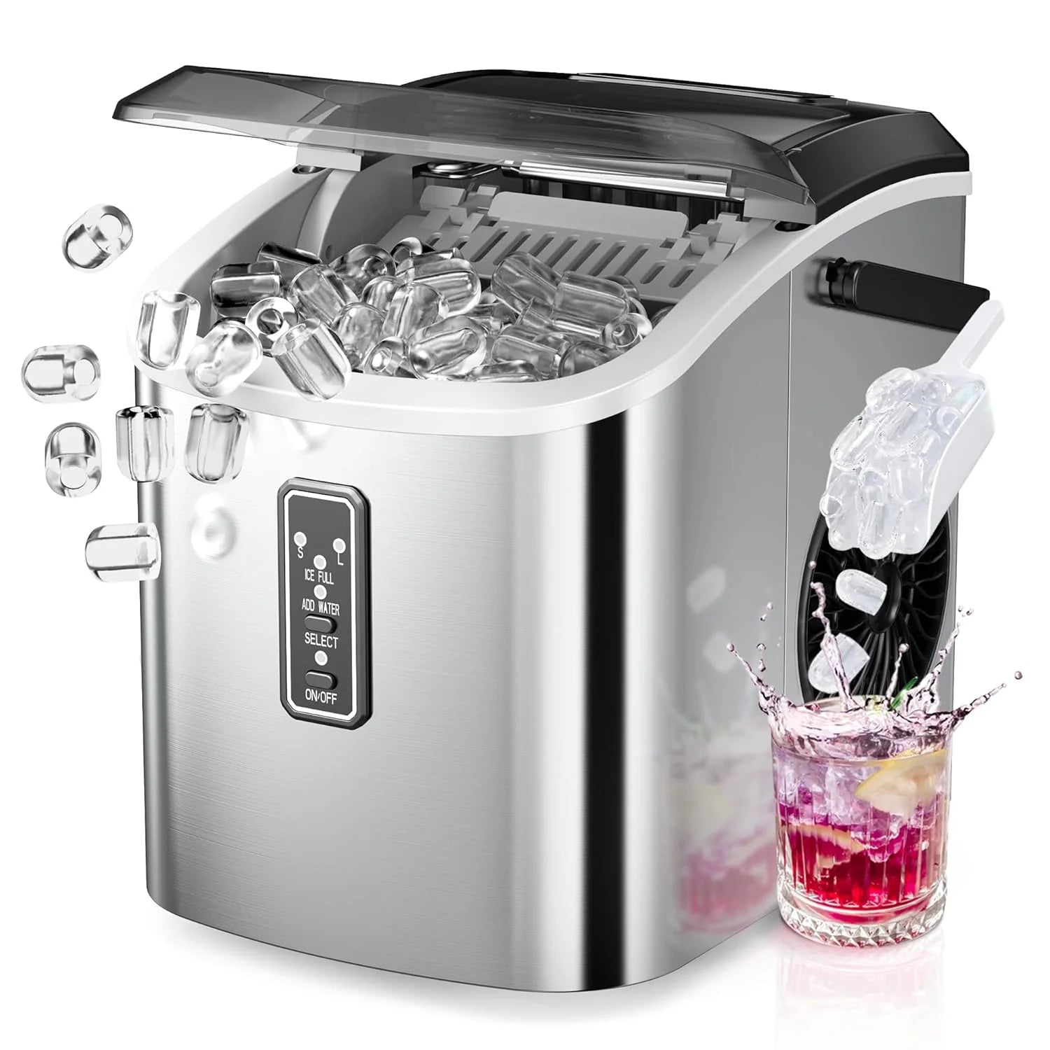 Countertop Pebble Ice Maker, 35Lbs Daily Soft Ice, Ultrasonic & Auto-Cleaning, with Ice Scoop & Basket